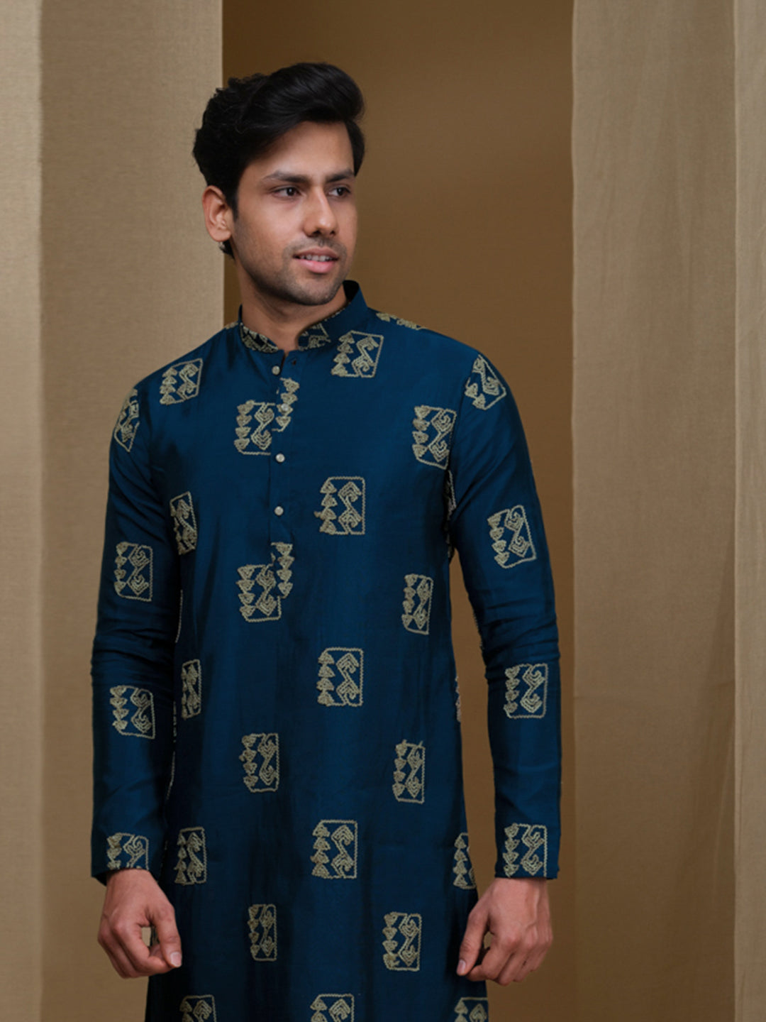 Aespen Teal Blue Cotton Silk Kurta For Men With Goemetric Embroidered Pattern--aespenfashion.com-Aespen Fashion
