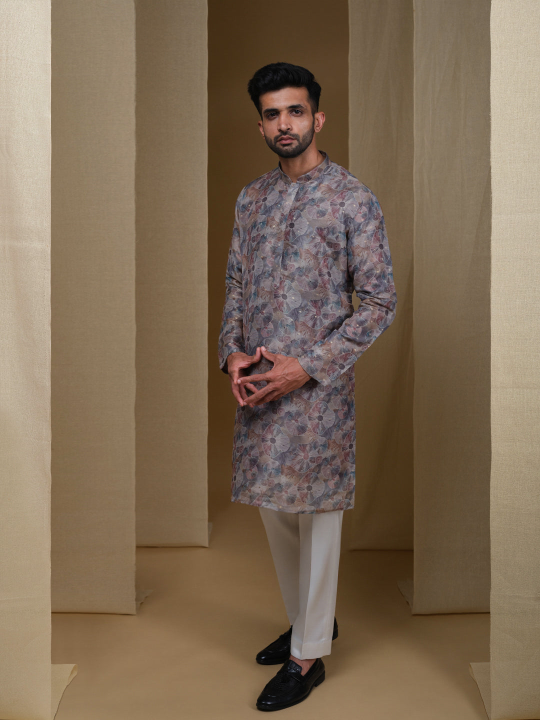Aespen Grey Tissue Silk Kurta For Men With Abstract Motif--aespenfashion.com-Aespen Fashion