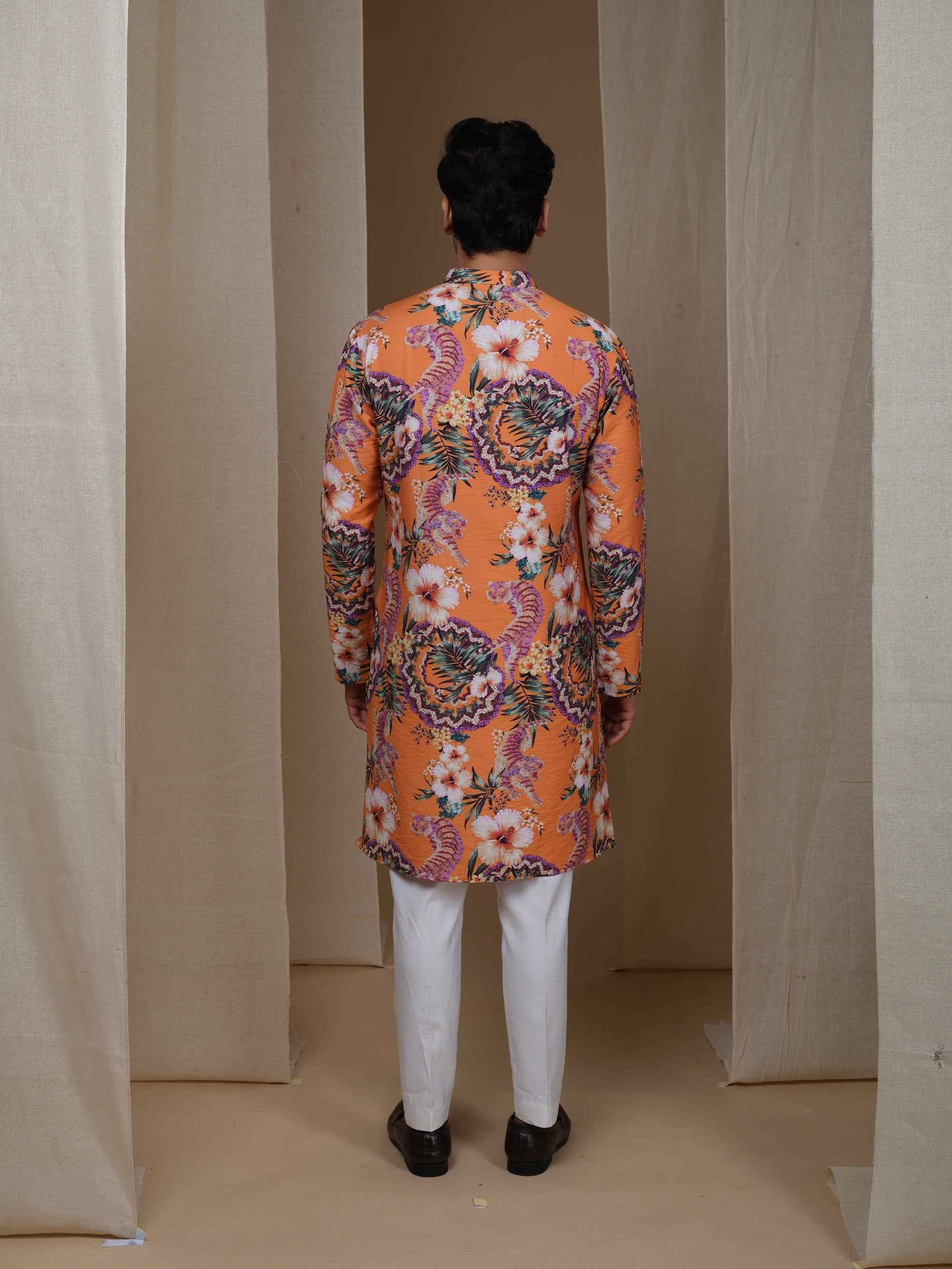 Aespen Tangerine Orange Kurta for Men - Stylish Floral Motif Ethnic Wear