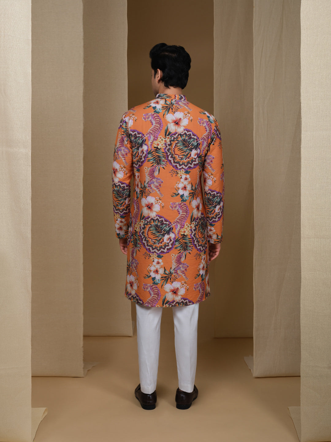 Aespen Tangerine Orange Crepe Kurta For Men With Floral Motif--aespenfashion.com-Aespen Fashion