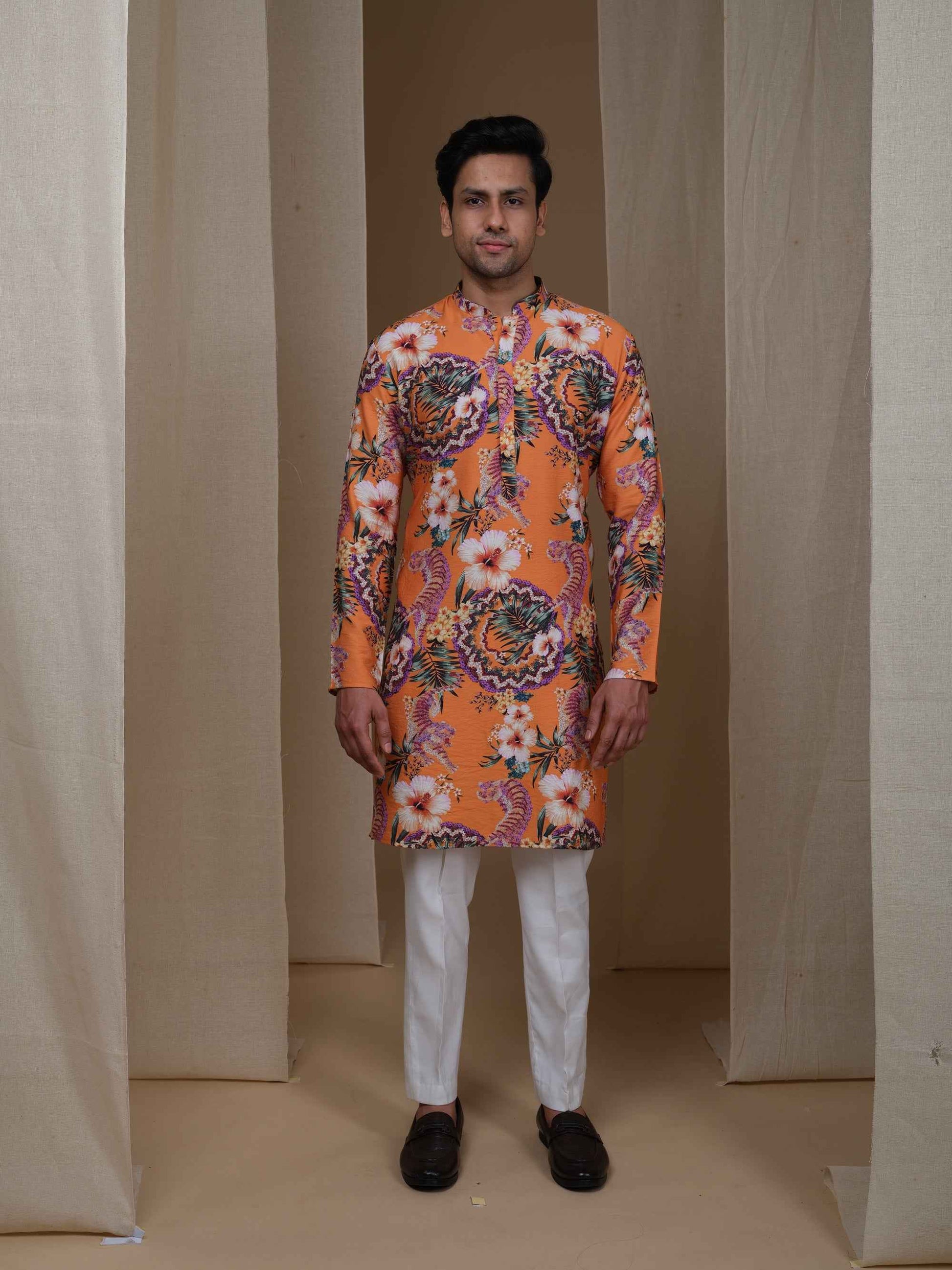 Aespen Tangerine Orange Kurta for Men - Stylish Floral Motif Ethnic Wear