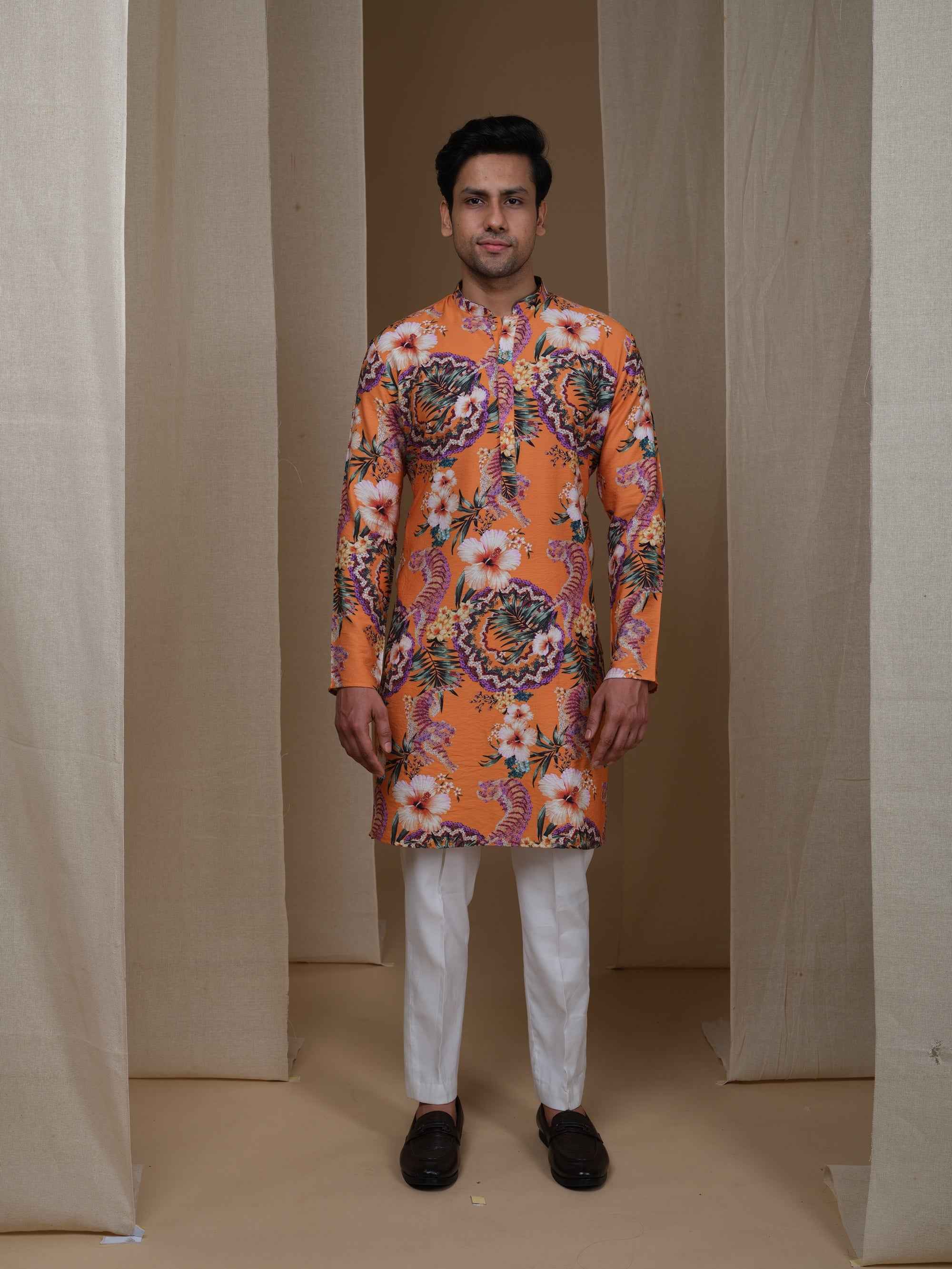 Aespen Tangerine Orange Kurta for Men - Stylish Floral Motif Ethnic Wear