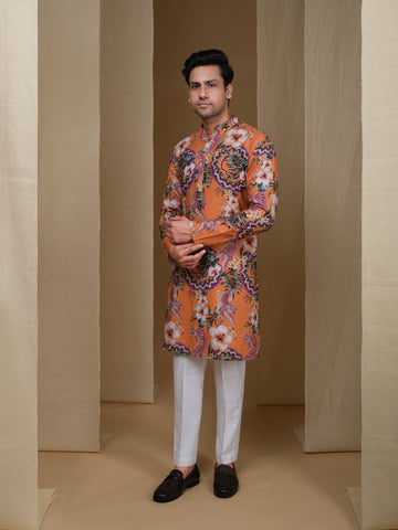 Aespen Tangerine Orange Crepe Kurta For Men With Floral Motif--aespenfashion.com-Aespen Fashion