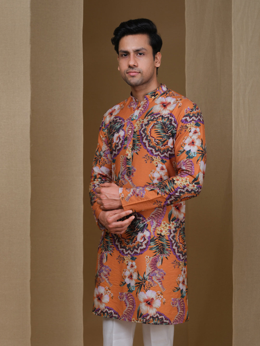 Aespen Tangerine Orange Crepe Kurta For Men With Floral Motif--aespenfashion.com-Aespen Fashion