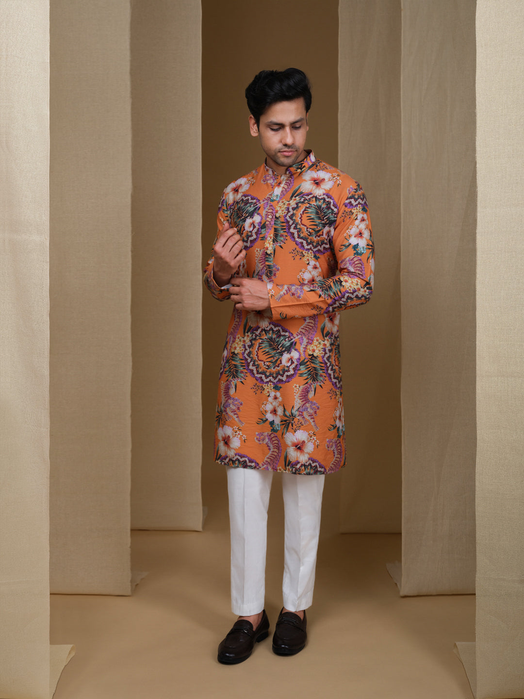 Aespen Tangerine Orange Crepe Kurta For Men With Floral Motif--aespenfashion.com-Aespen Fashion