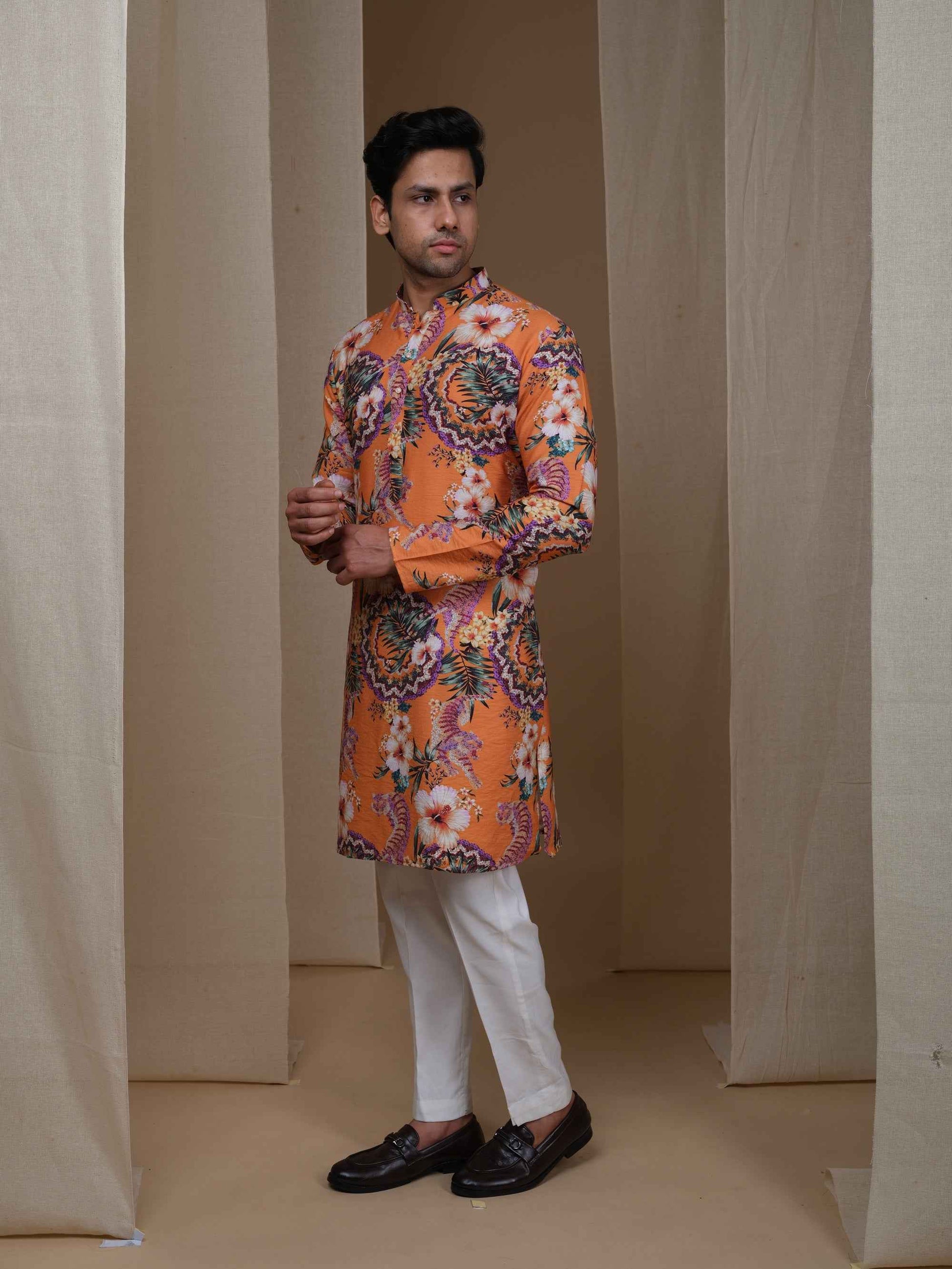 Aespen Tangerine Orange Kurta for Men - Stylish Floral Motif Ethnic Wear