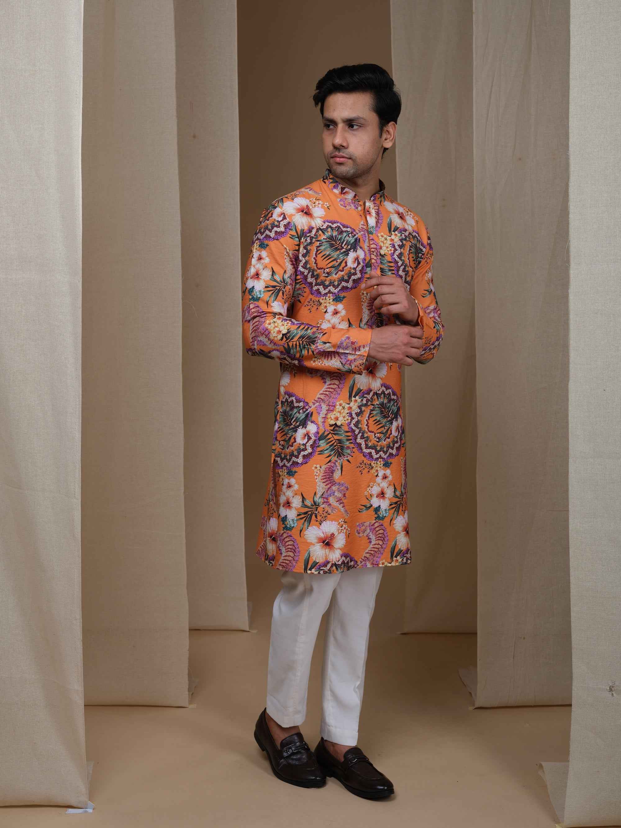 Aespen Tangerine Orange Kurta for Men - Stylish Floral Motif Ethnic Wear