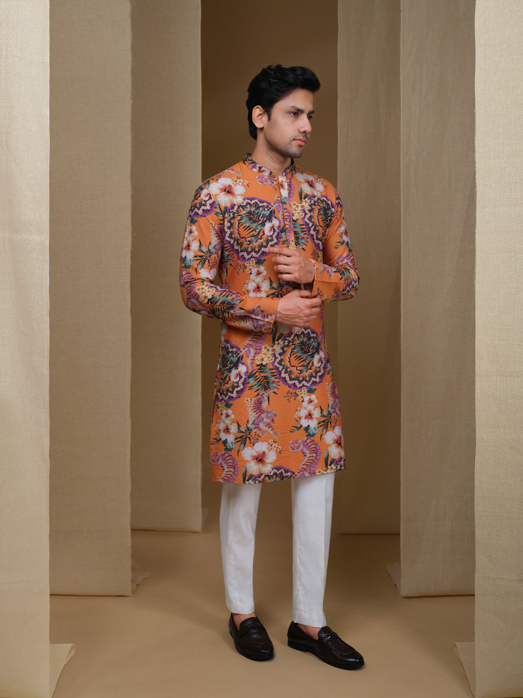 Aespen Tangerine Orange Crepe Kurta For Men With Floral Motif--aespenfashion.com-Aespen Fashion