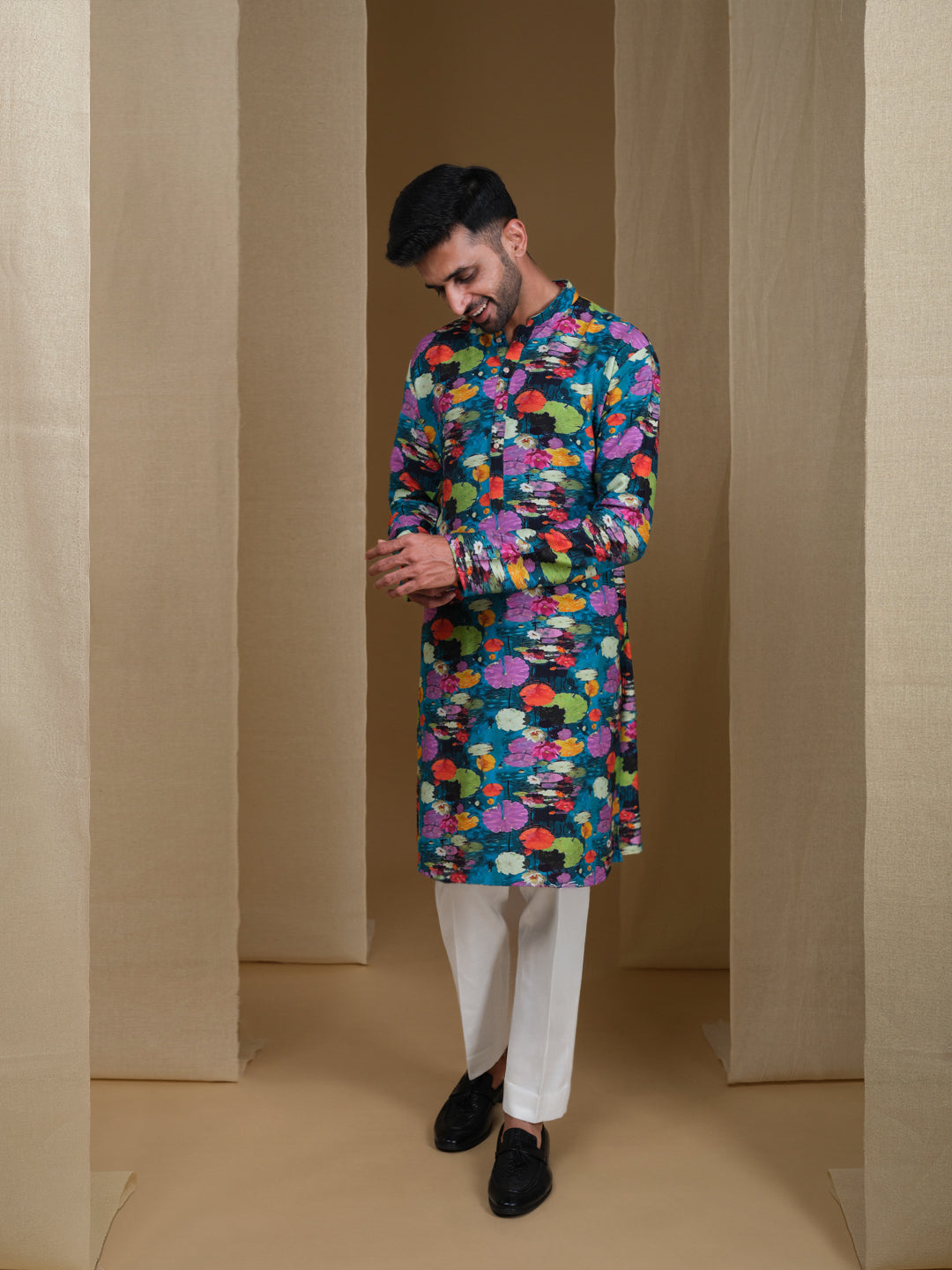 Aespen Teal Green Crepe Kurta For Men With Floral Motif--aespenfashion.com-Aespen Fashion