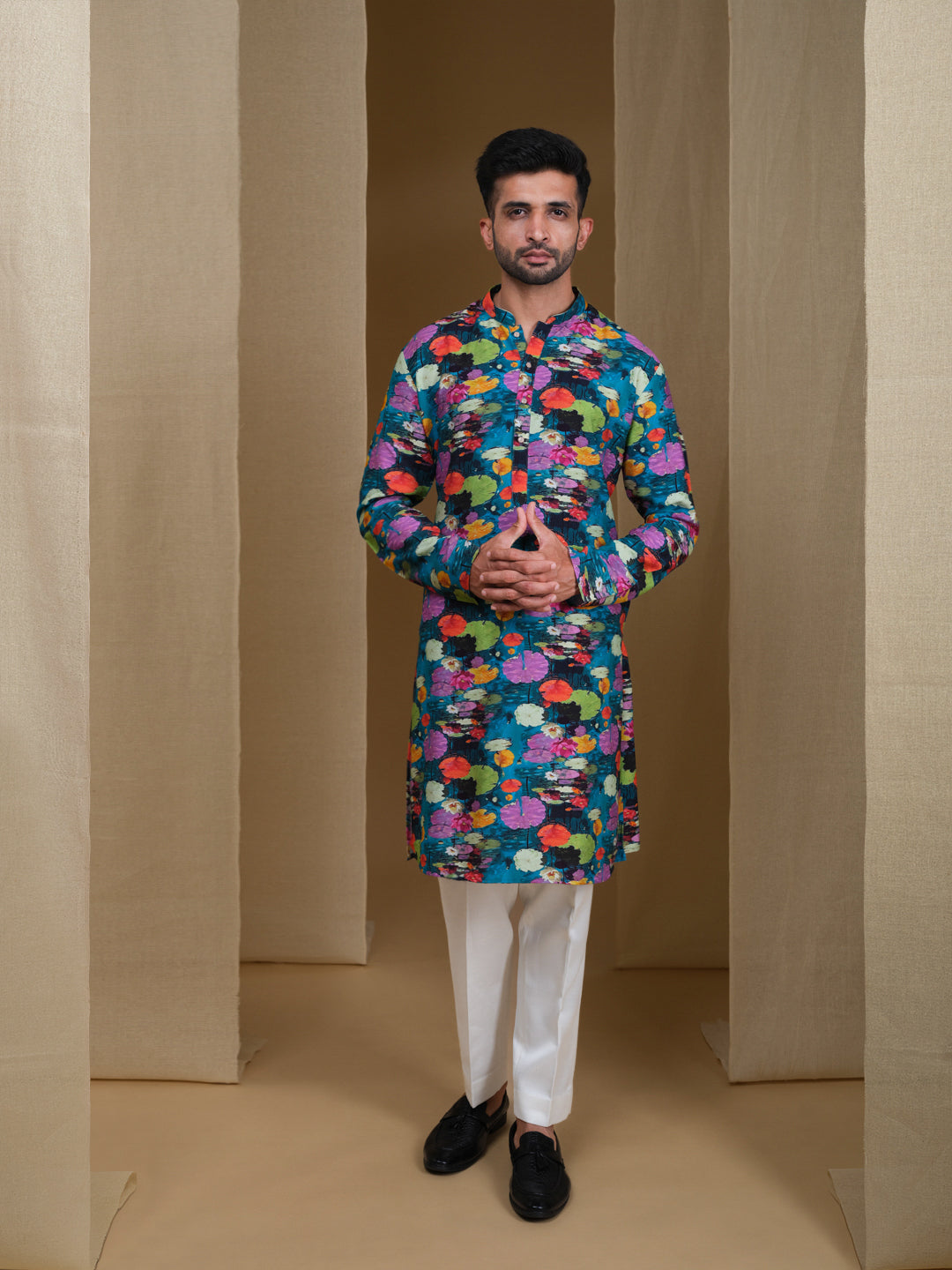 Aespen Teal Green Crepe Kurta For Men With Floral Motif--aespenfashion.com-Aespen Fashion