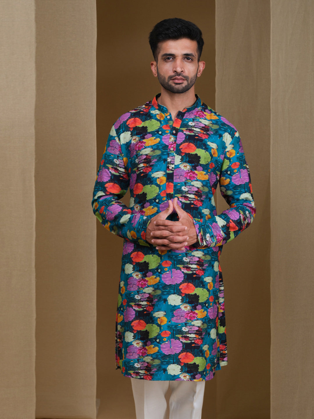 Aespen Teal Green Crepe Kurta For Men With Floral Motif--aespenfashion.com-Aespen Fashion