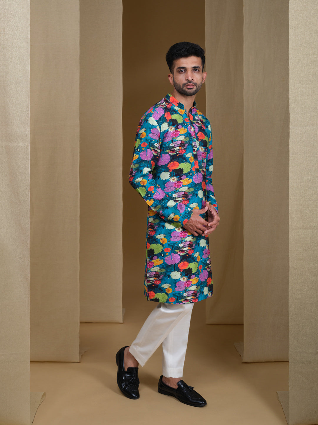 Aespen Teal Green Crepe Kurta For Men With Floral Motif--aespenfashion.com-Aespen Fashion