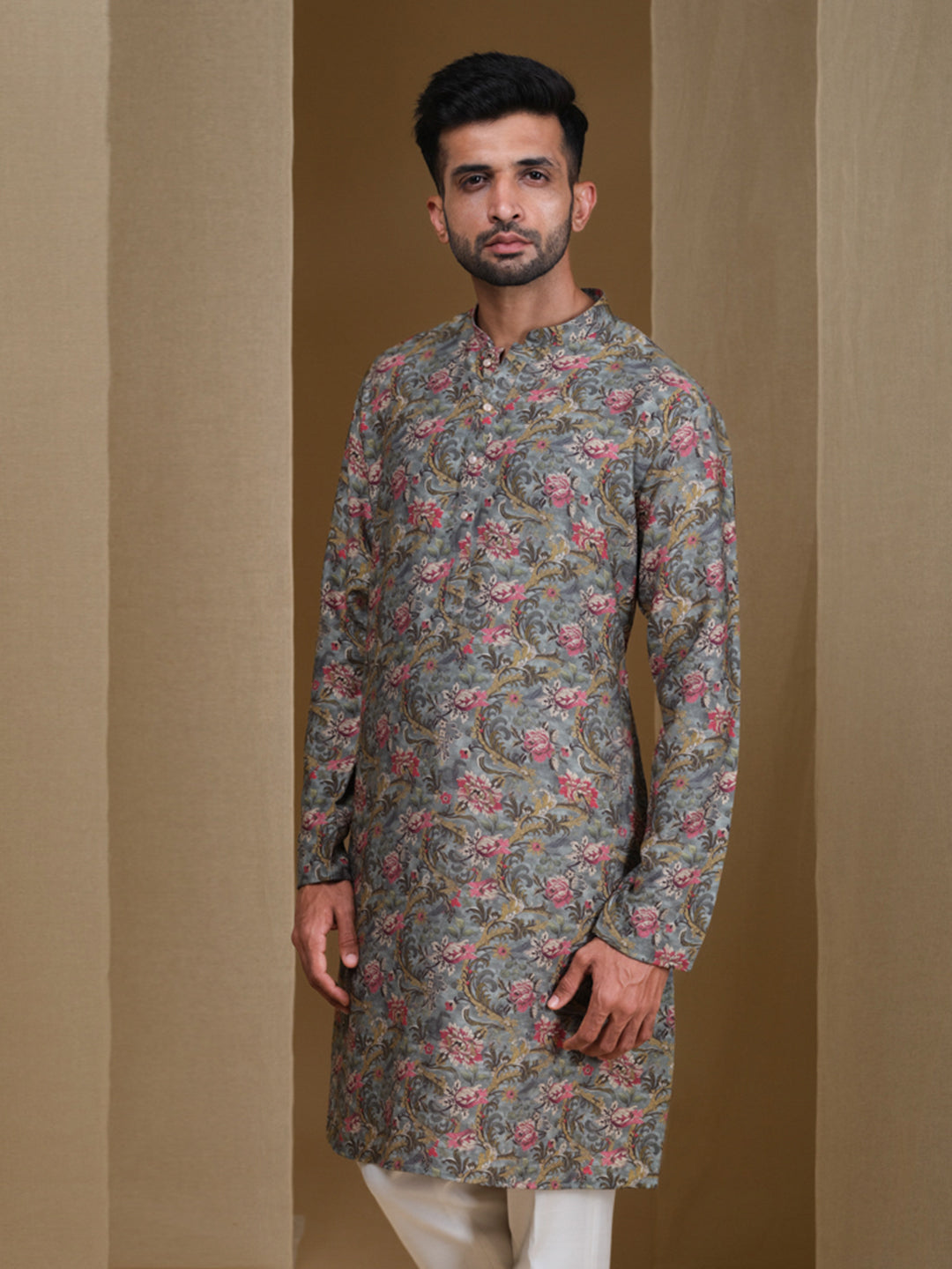 Aespen Olive Crepe Kurta For Men With Ethnic Motif--aespenfashion.com-Aespen Fashion