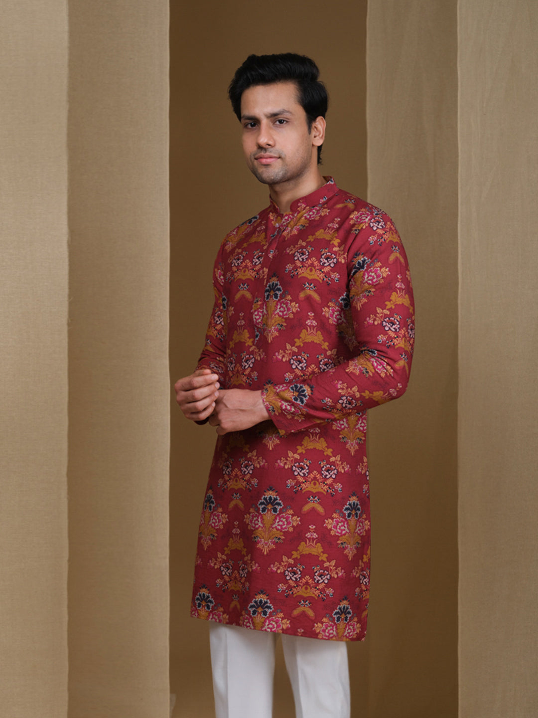 Aespen Maroon Crepe Kurta For Men With Ethnic Motif--aespenfashion.com-Aespen Fashion