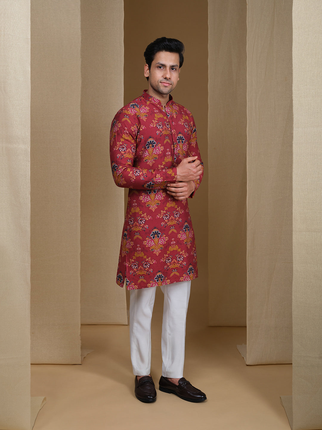Aespen Maroon Crepe Kurta For Men With Ethnic Motif--aespenfashion.com-Aespen Fashion