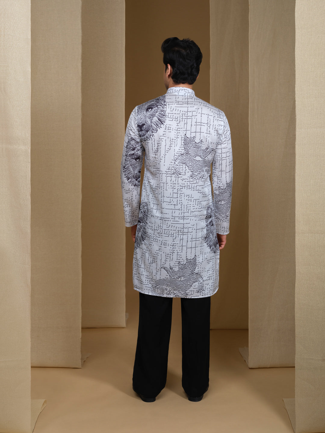 Aespen White Cotton Silk Kurta For Men With Geometric Illusion Print--aespenfashion.com-Aespen Fashion