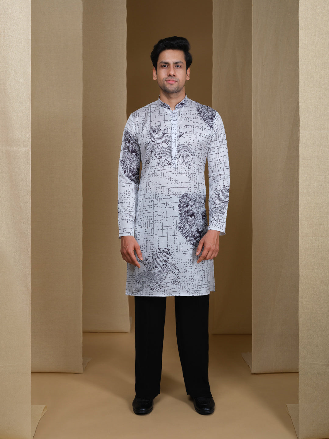 Aespen White Cotton Silk Kurta For Men With Geometric Illusion Print--aespenfashion.com-Aespen Fashion