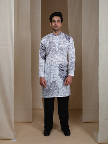 Aespen White Cotton Silk Kurta For Men With Geometric Illusion Print - Aespenfashion.com