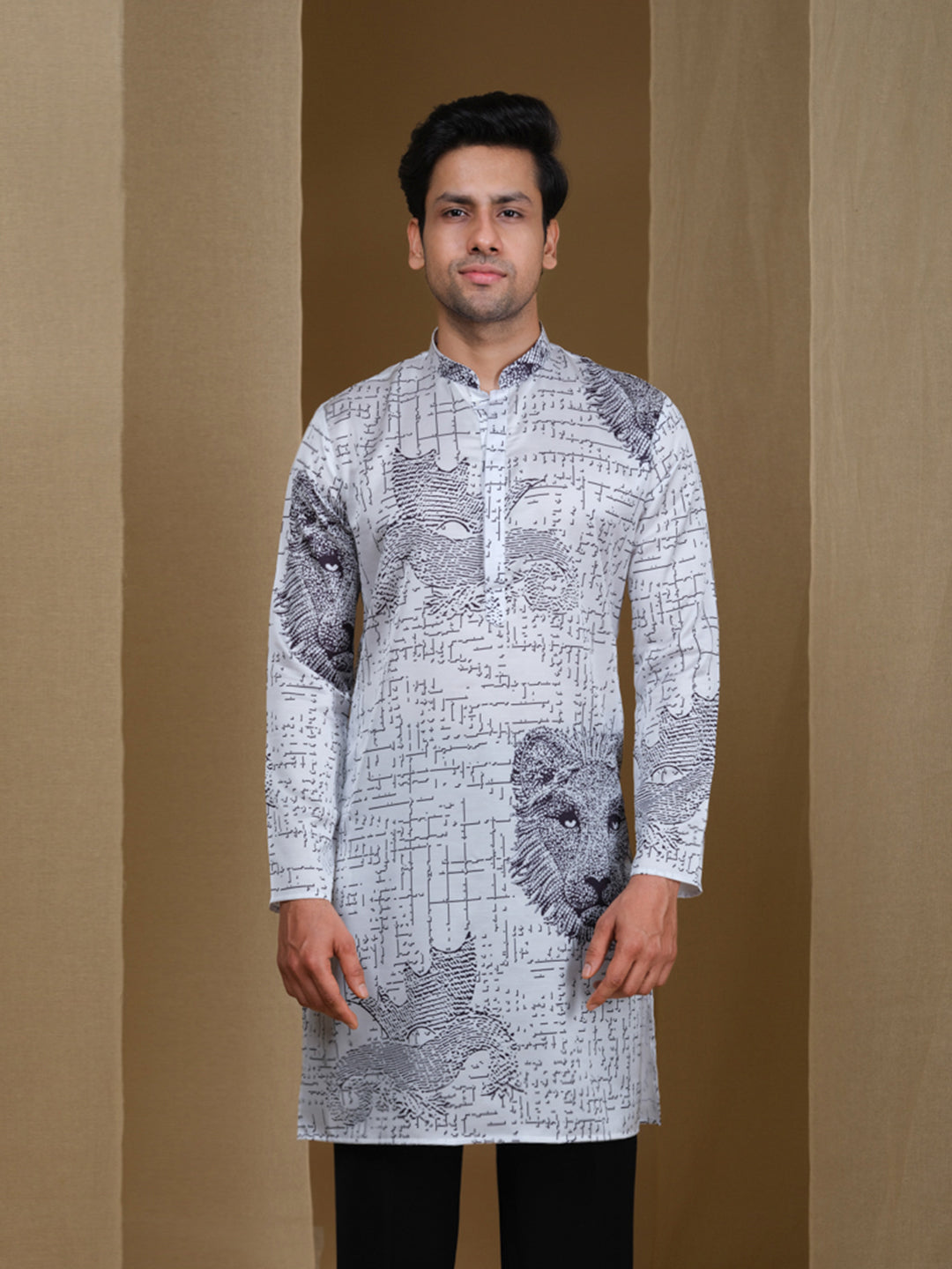 Aespen White Cotton Silk Kurta For Men With Geometric Illusion Print--aespenfashion.com-Aespen Fashion