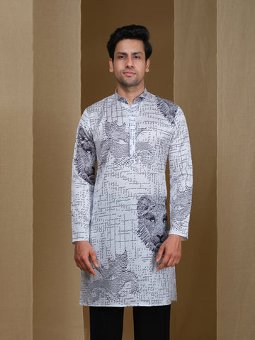 Aespen White Cotton Silk Kurta For Men With Geometric Illusion Print--aespenfashion.com-Aespen Fashion
