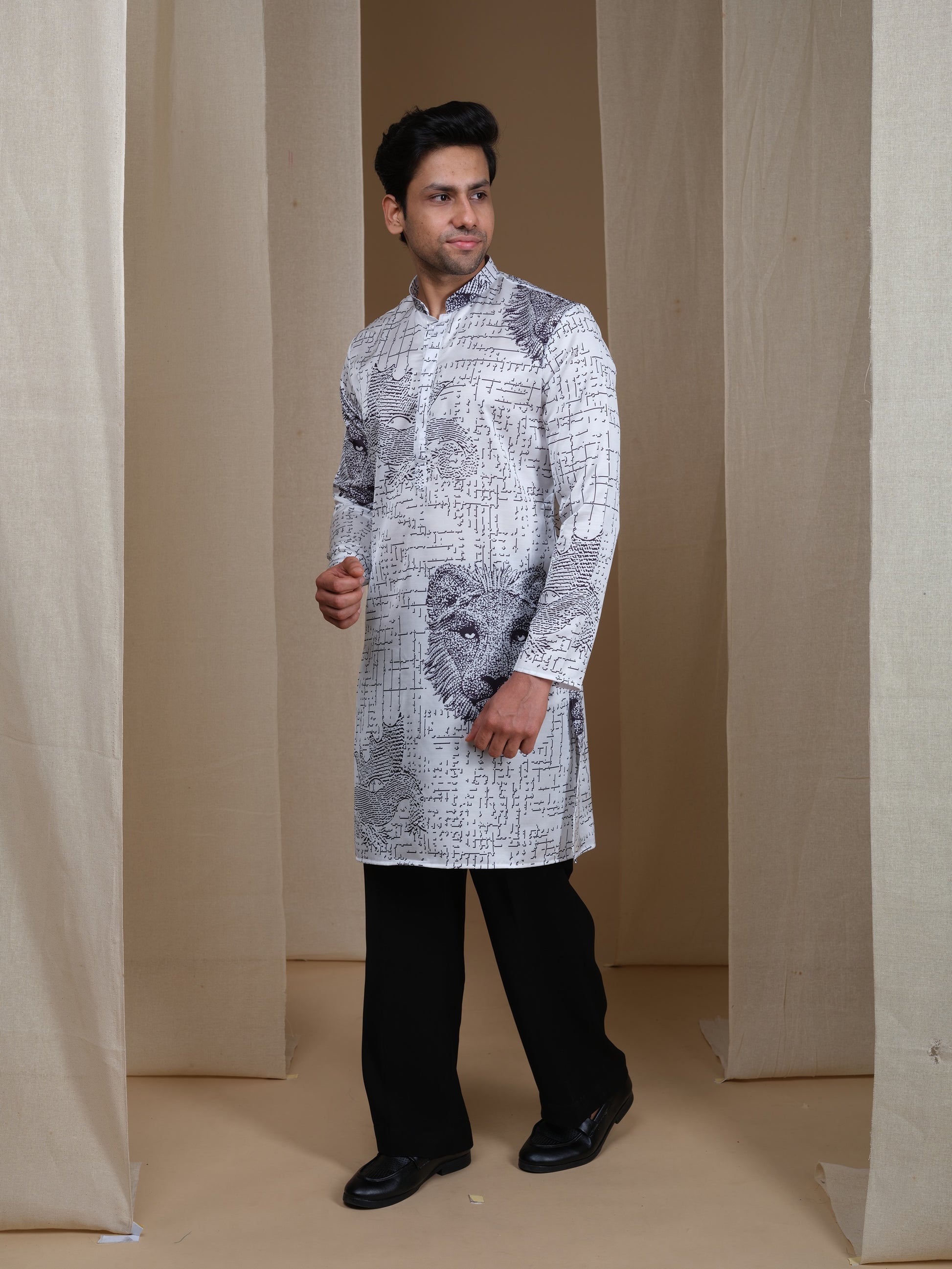 Aespen White Cotton Silk Kurta For Men With Geometric Illusion Print - Aespenfashion.com