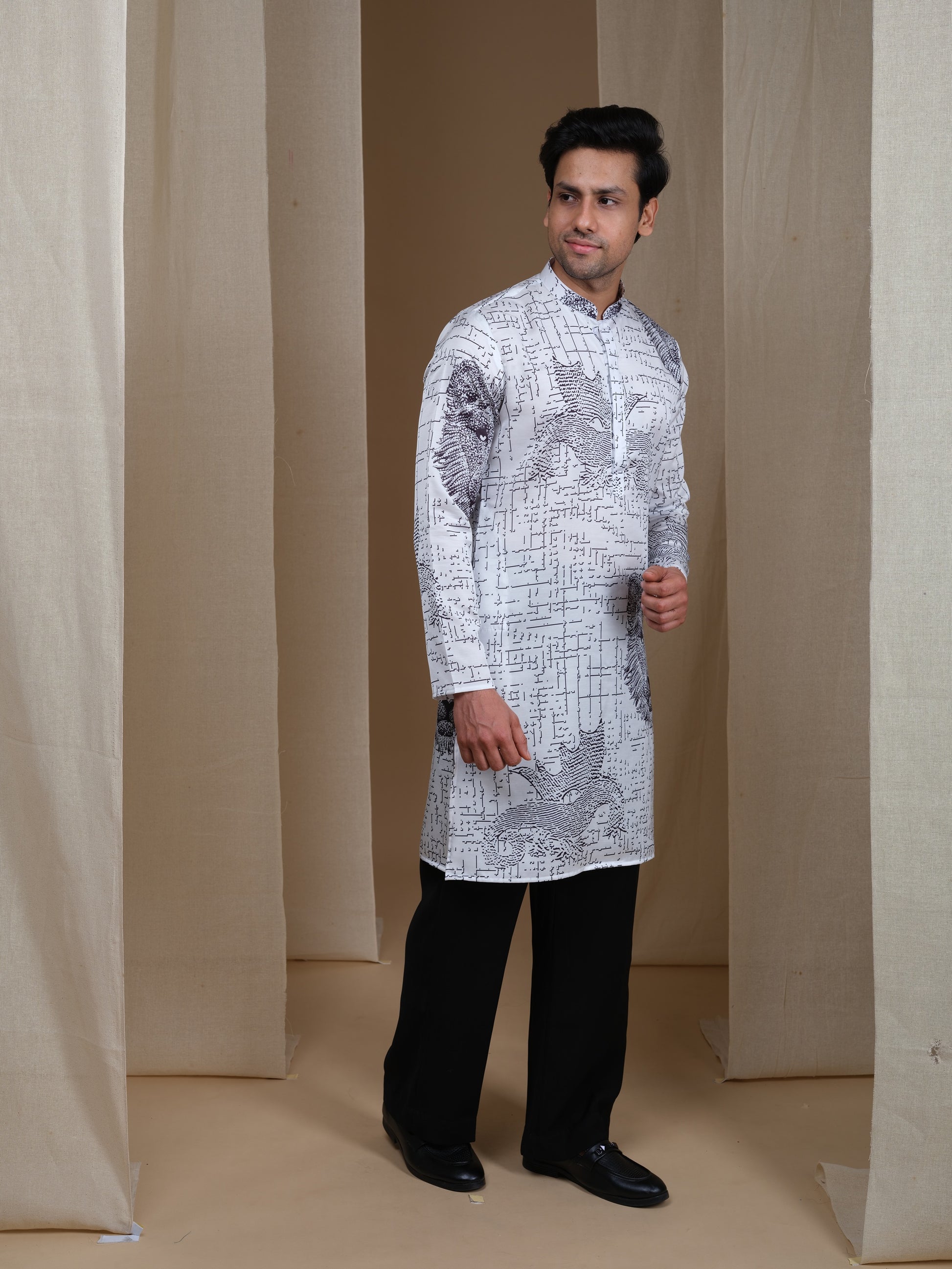 Aespen White Cotton Silk Kurta For Men With Geometric Illusion Print - Aespenfashion.com