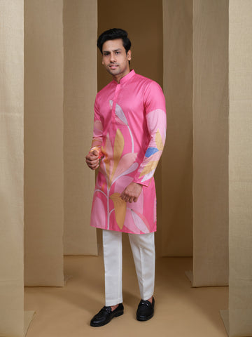 Aespen Pink Kurta For Men With Floral Golden Foil Print--aespenfashion.com-Aespen Fashion
