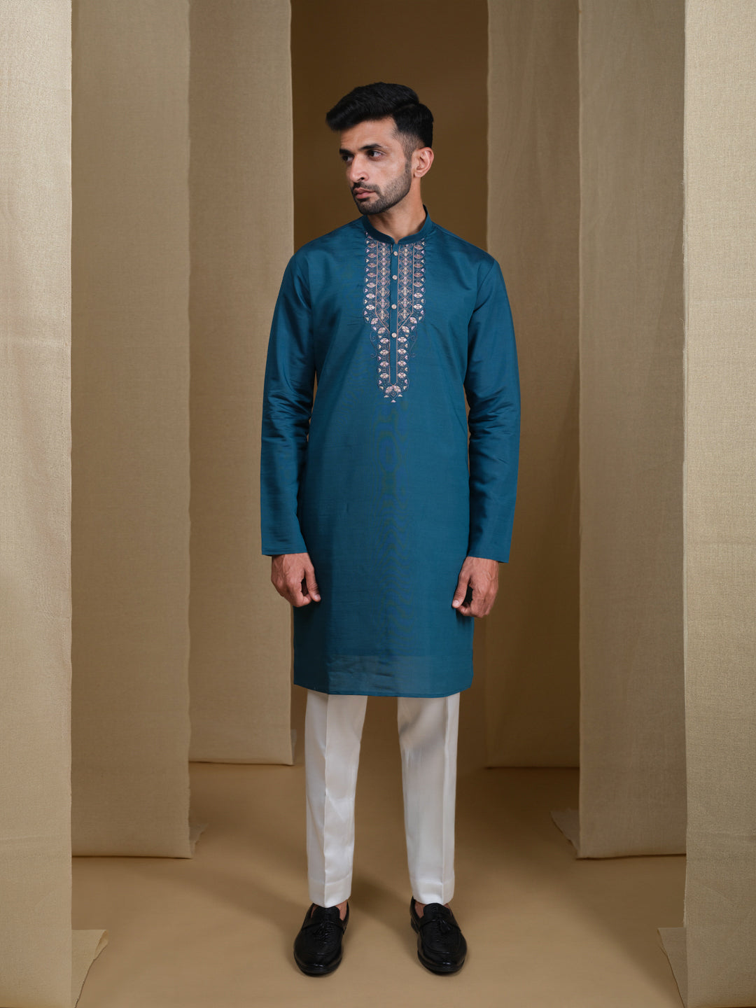 Aespen Teal Kurta For Men With Thread and Sequins Embroidery--aespenfashion.com-Aespen Fashion
