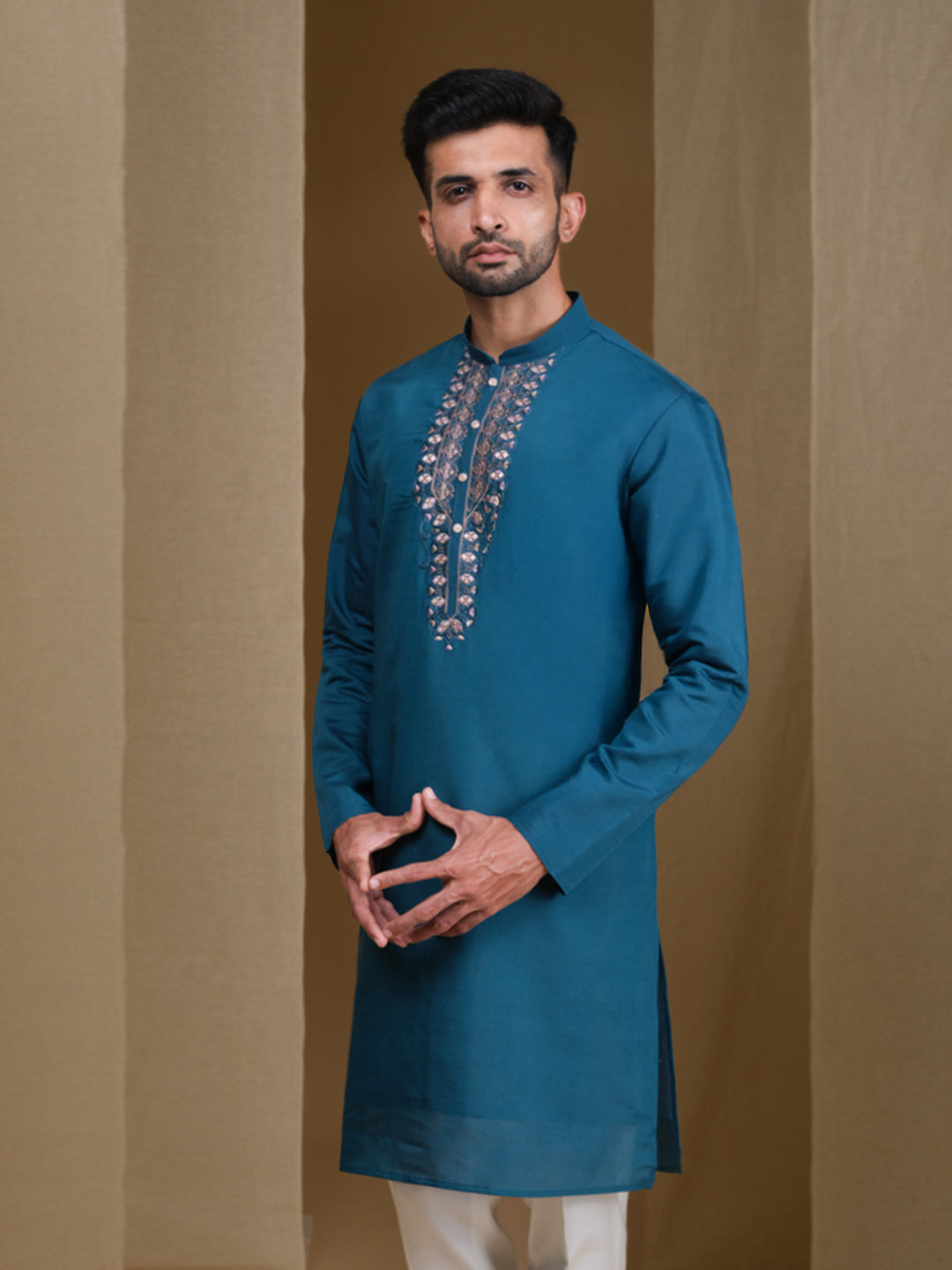 Aespen Teal Kurta For Men With Thread and Sequins Embroidery--aespenfashion.com-Aespen Fashion