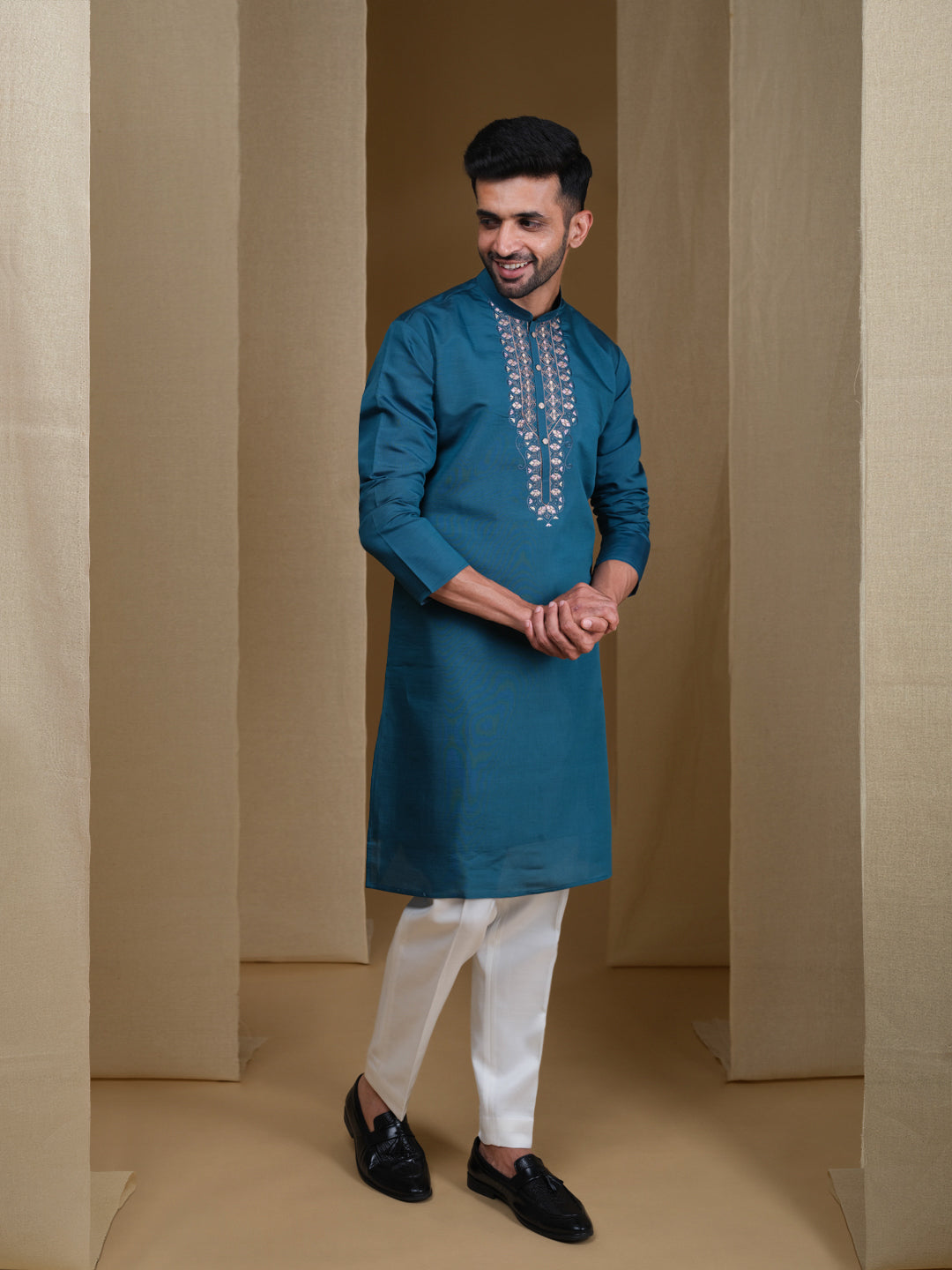 Aespen Teal Kurta For Men With Thread and Sequins Embroidery--aespenfashion.com-Aespen Fashion