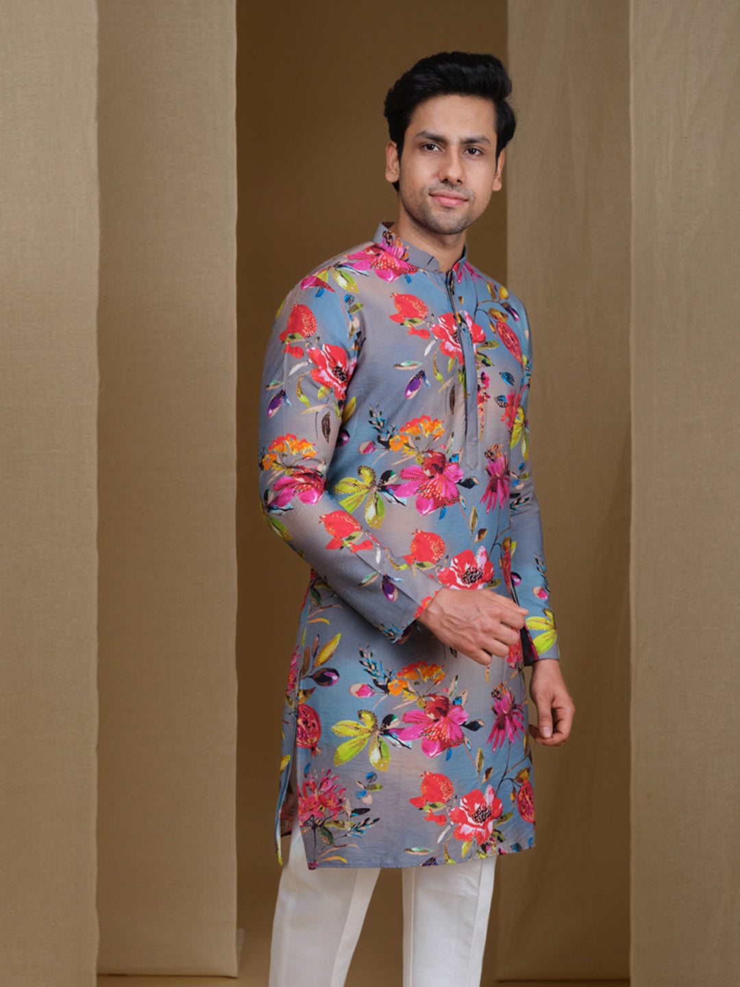 Aespen Ombre Grey Crepe Kurta For Men With Floral Motif--aespenfashion.com-Aespen Fashion