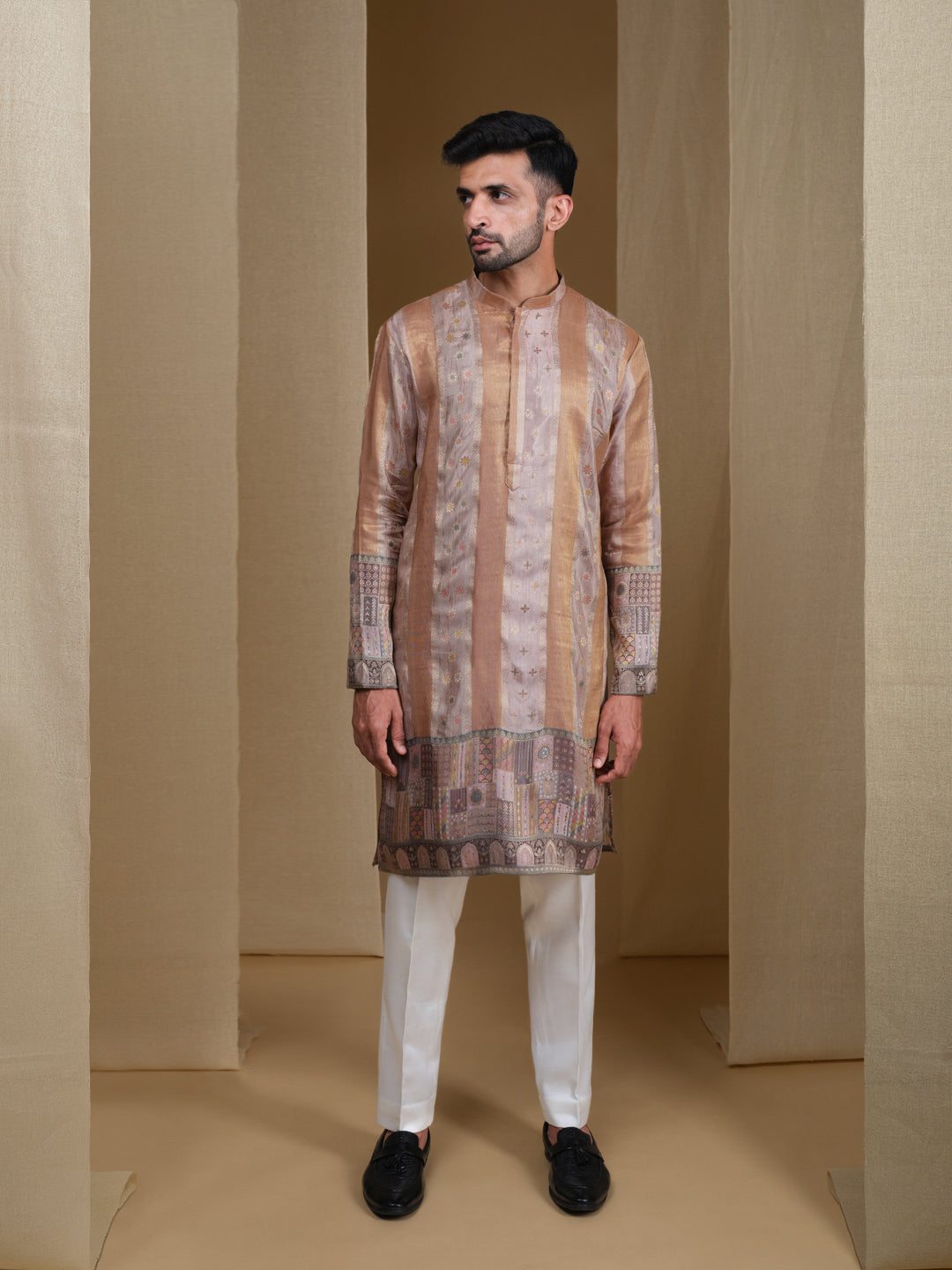 Aespen Beige Jacquard Kurta For Men With Floral Zari Embroidery--aespenfashion.com-Aespen Fashion