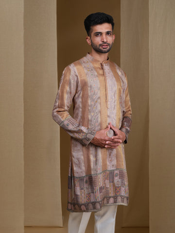 Aespen Beige Jacquard Kurta For Men With Floral Zari Embroidery--aespenfashion.com-Aespen Fashion