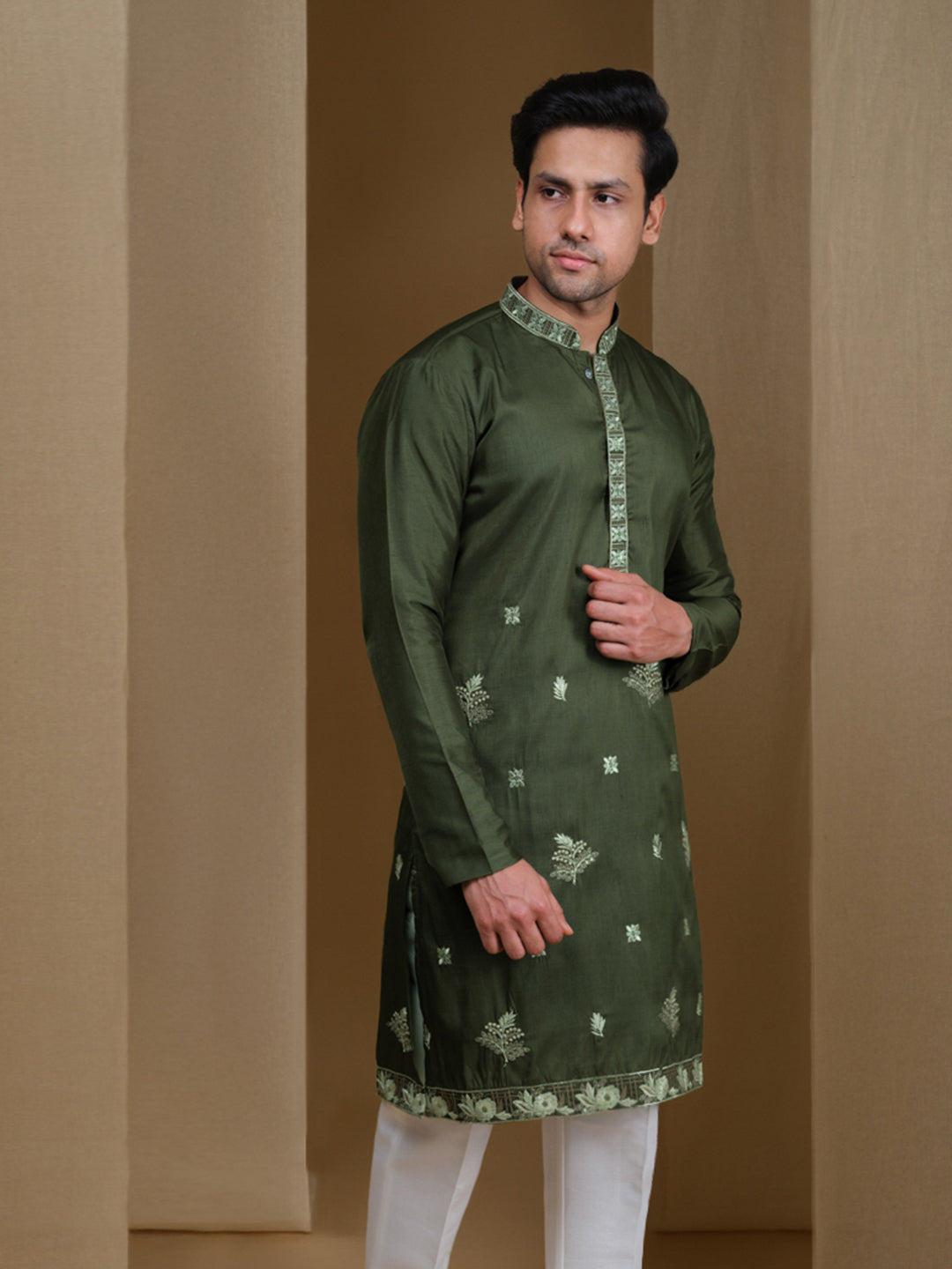 Aespen Olive Green Raw Silk Kurta For Men With Thread and Sequins Embroidery--aespenfashion.com-Aespen Fashion