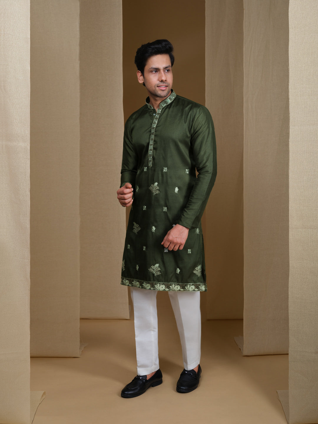 Aespen Olive Green Raw Silk Kurta For Men With Thread and Sequins Embroidery--aespenfashion.com-Aespen Fashion