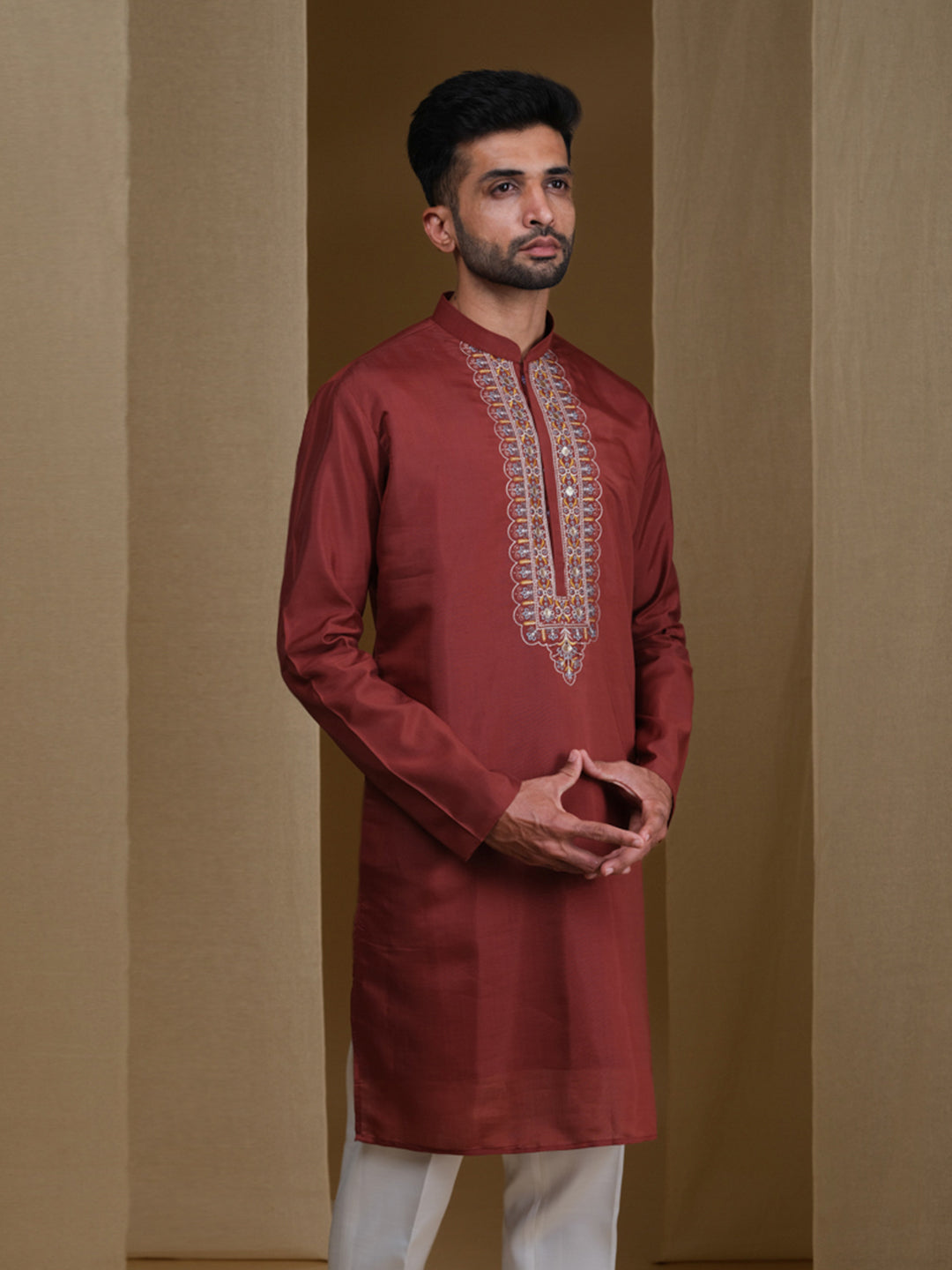 Aespen Maroon Kurta For Men With Thread and Sequins Embroidery Work--aespenfashion.com-Aespen Fashion