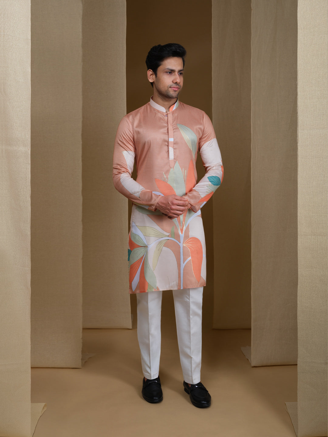 Aespen Caramel Kurta For Men With Floral Foil Print--aespenfashion.com-Aespen Fashion