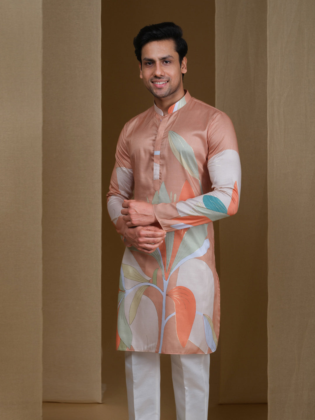 Aespen Caramel Kurta For Men With Floral Foil Print--aespenfashion.com-Aespen Fashion