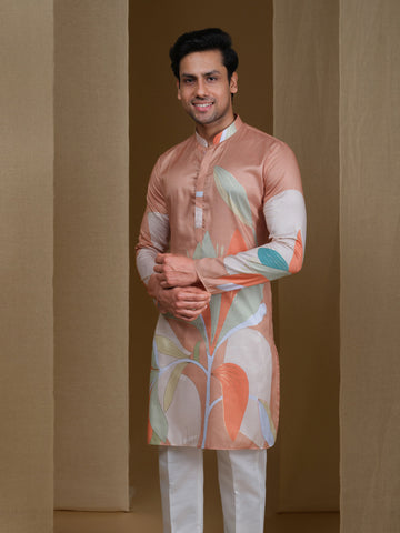 Aespen Caramel Kurta For Men With Floral Foil Print--aespenfashion.com-Aespen Fashion