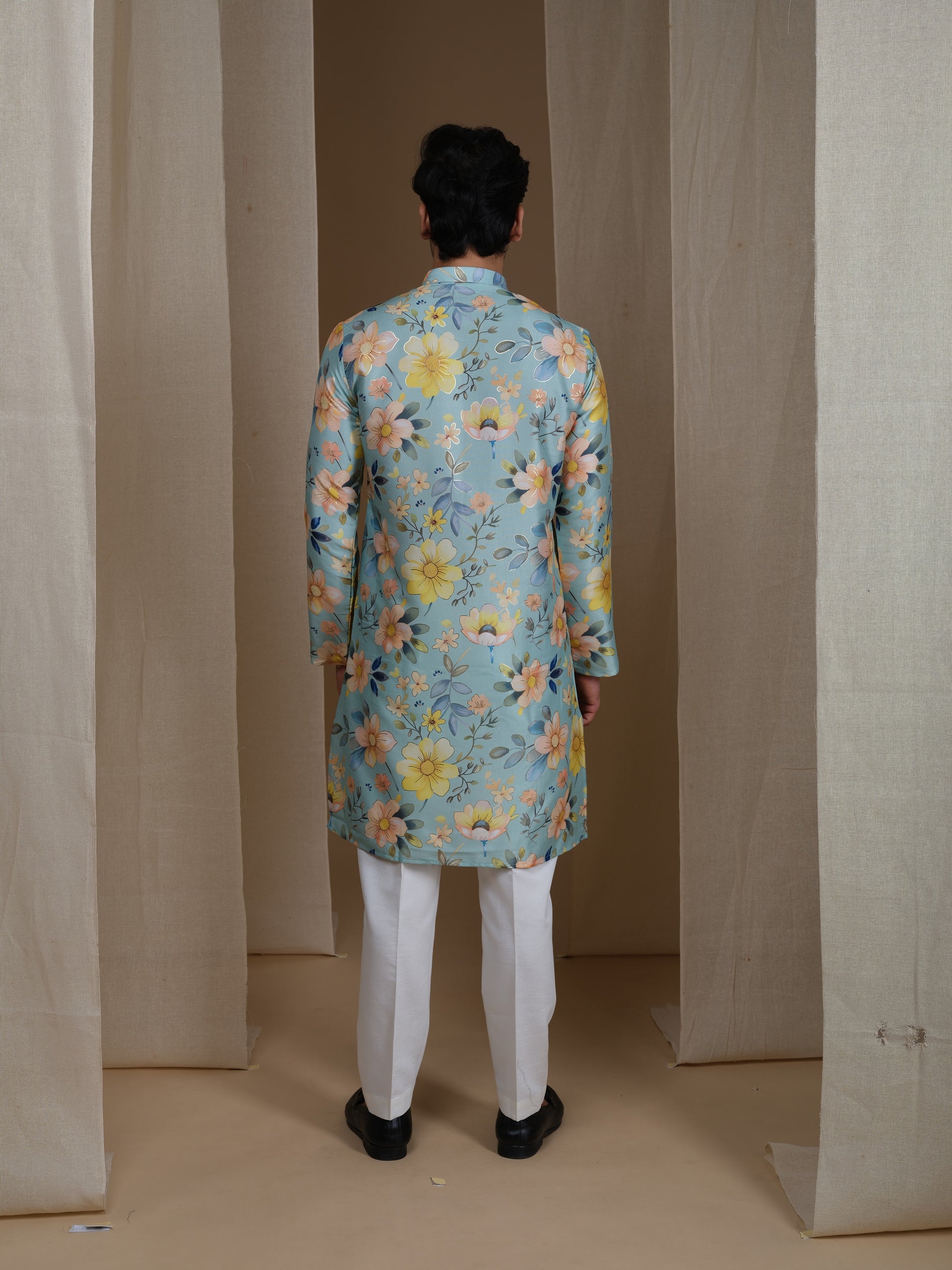Aespen Mint Green Kurta For Men With Foil Print - Aespenfashion.com