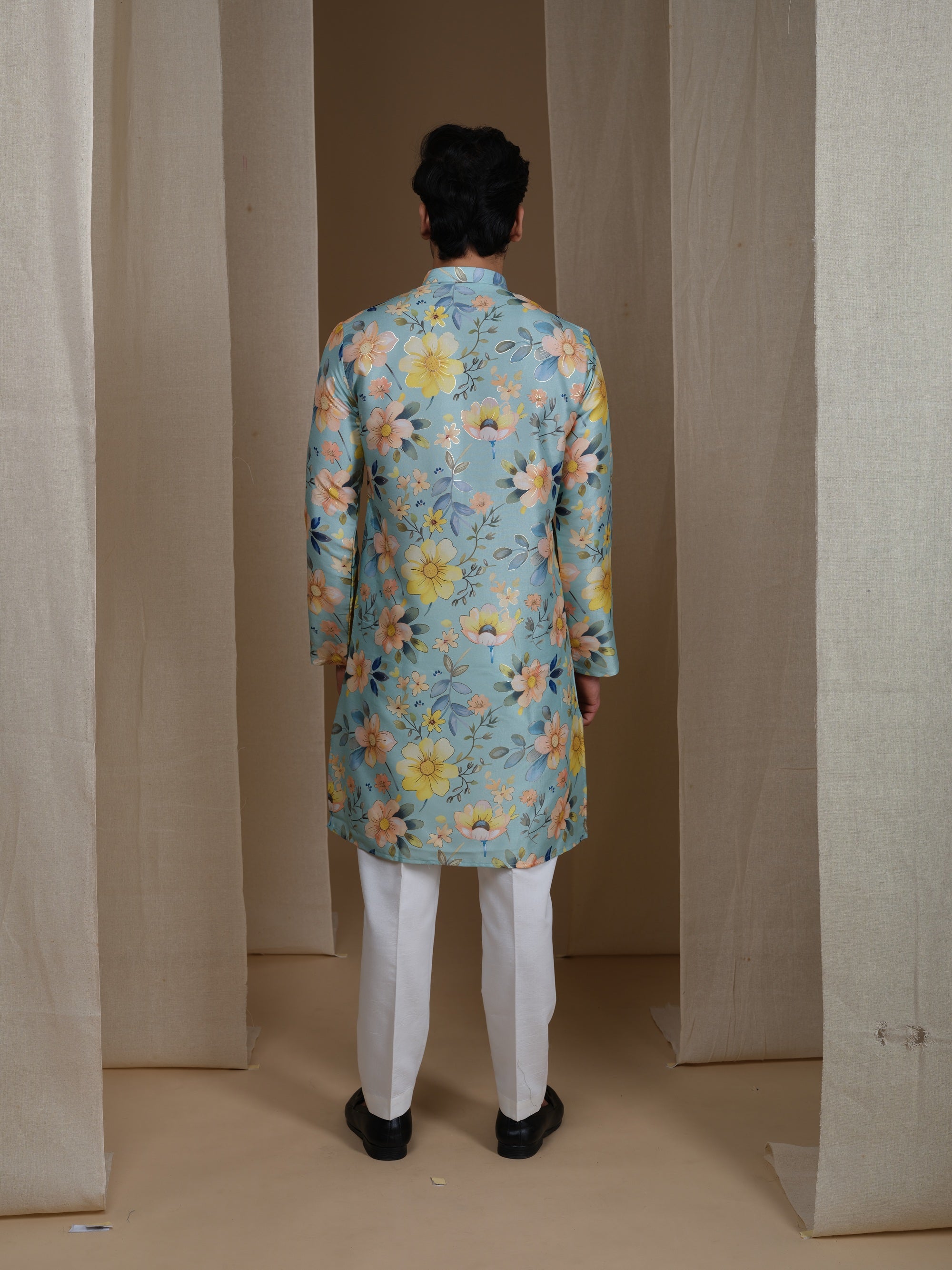 Aespen Mint Green Kurta For Men With Foil Print - Aespenfashion.com