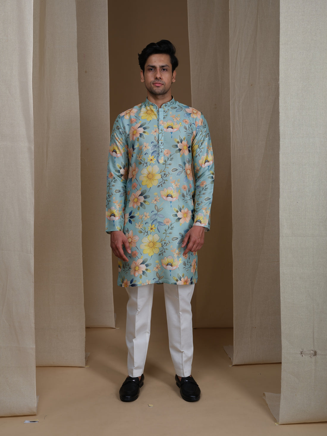 Aespen Mint Green Kurta For Men With Foil Print - Aespenfashion.com