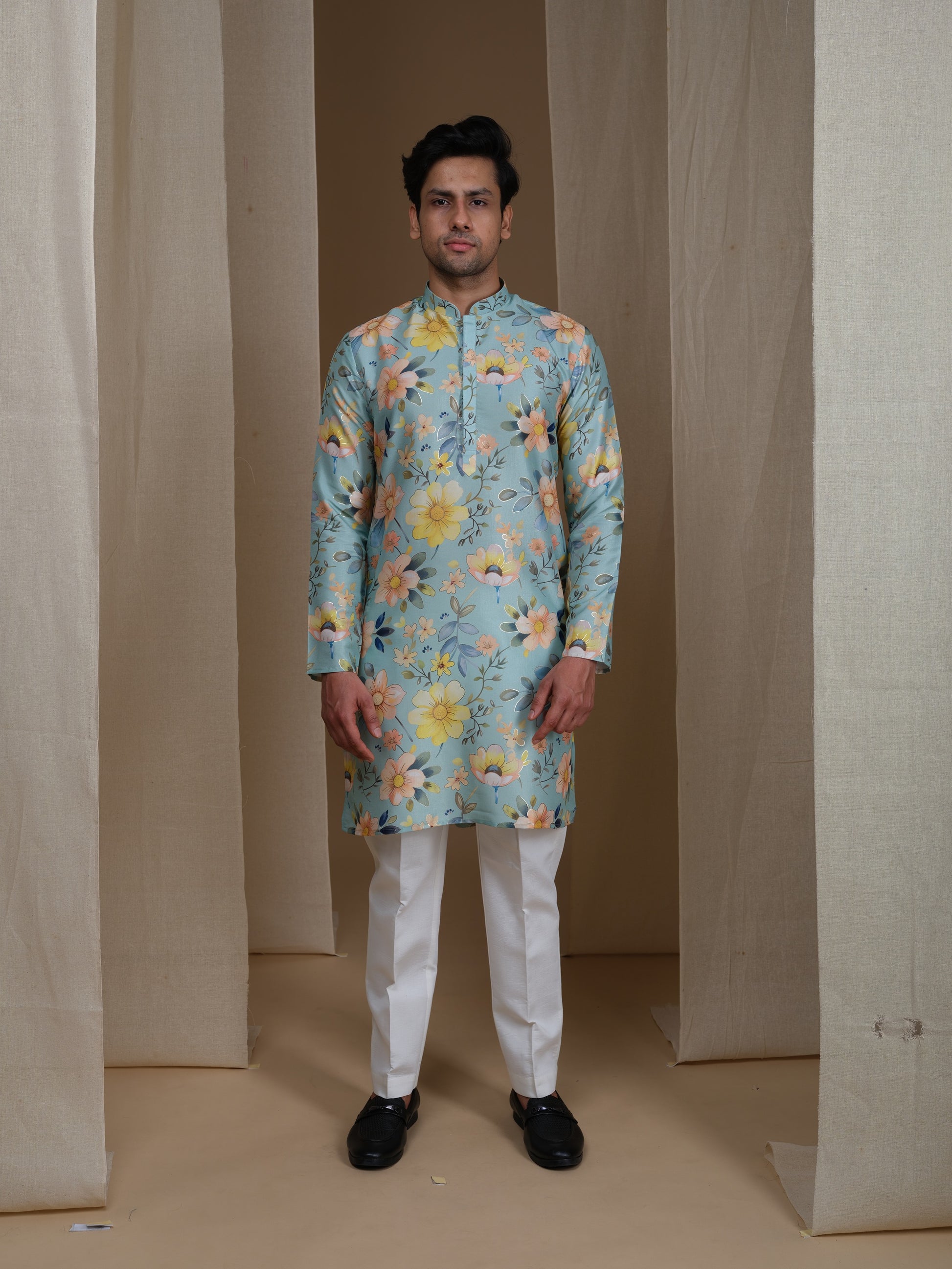 Aespen Mint Green Kurta For Men With Foil Print - Aespenfashion.com
