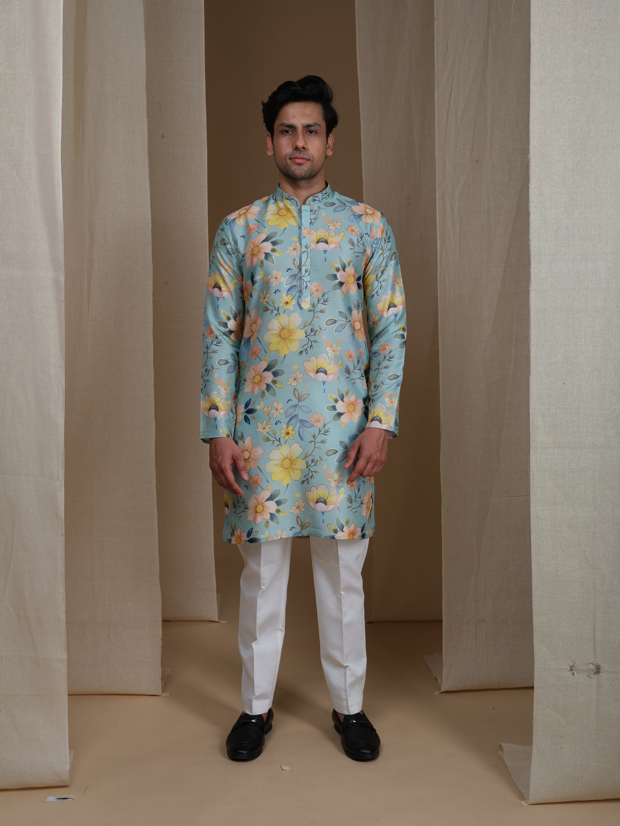 Aespen Mint Green Kurta For Men With Foil Print - Aespenfashion.com