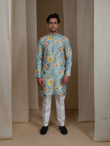 Aespen Mint Green Kurta For Men With Foil Print - Aespenfashion.com