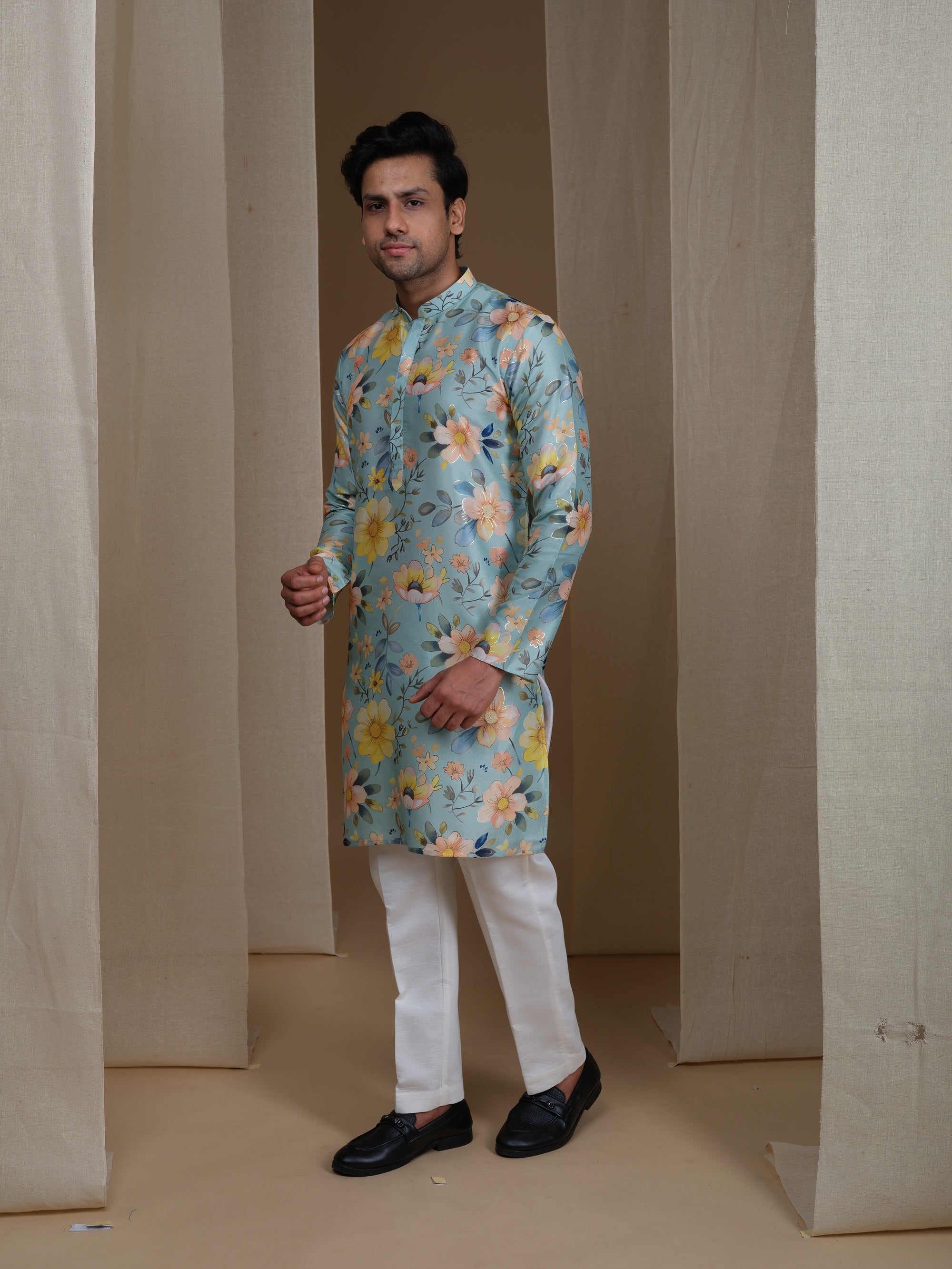 Aespen Mint Green Kurta For Men With Foil Print - Aespenfashion.com