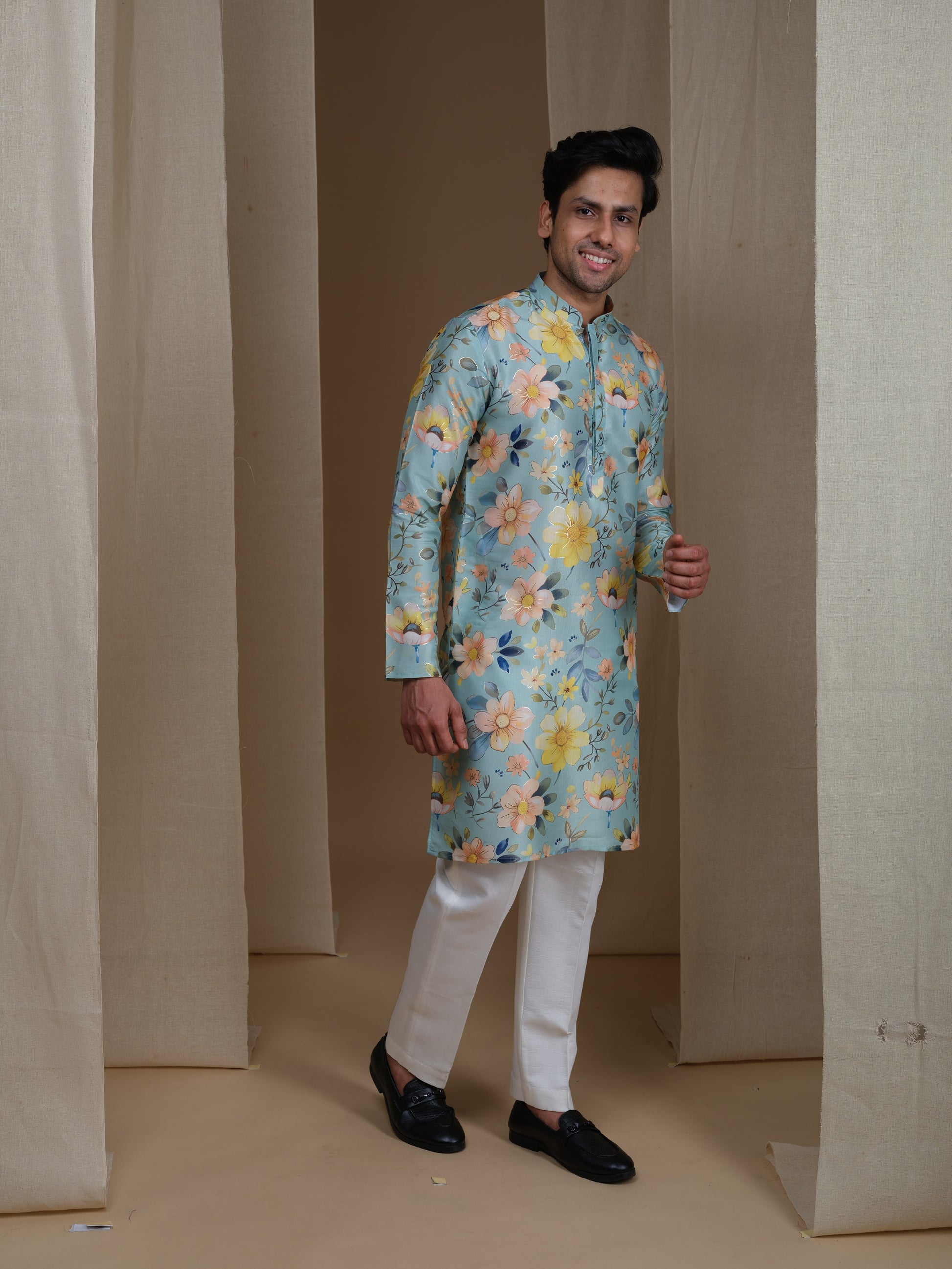 Aespen Mint Green Kurta For Men With Foil Print - Aespenfashion.com