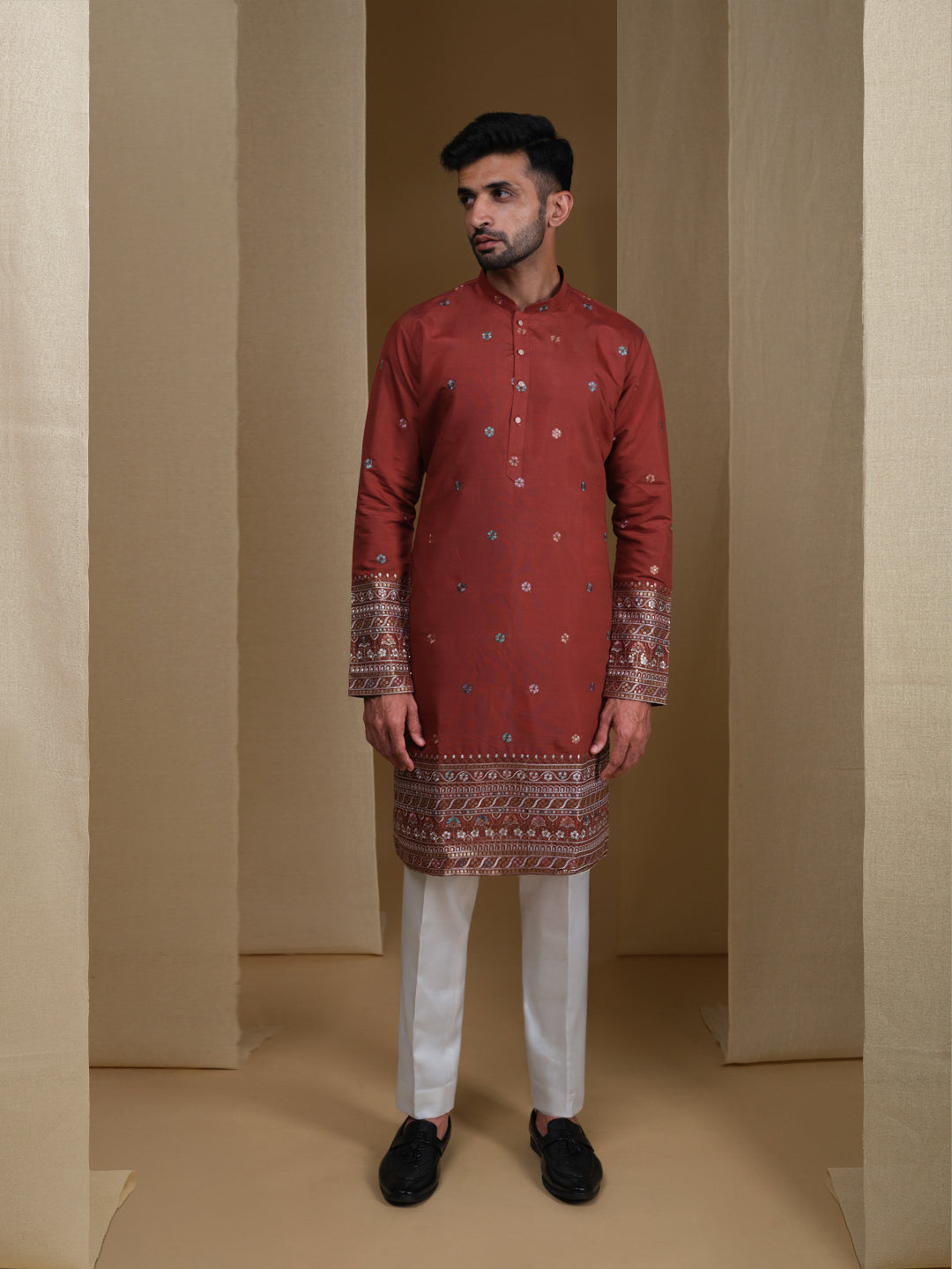 Aespen Maroon Kurta For Men With Thread and Sequins Embroidery--aespenfashion.com-Aespen Fashion