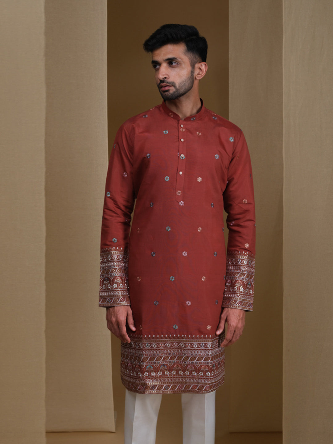 Aespen Maroon Kurta For Men With Thread and Sequins Embroidery--aespenfashion.com-Aespen Fashion