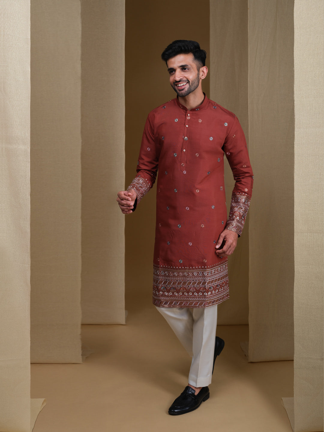 Aespen Maroon Kurta For Men With Thread and Sequins Embroidery--aespenfashion.com-Aespen Fashion